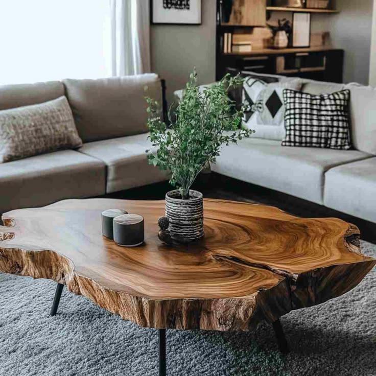 Rustic Live Edge Wooden Coffee Table in Modern Cozy Living Room