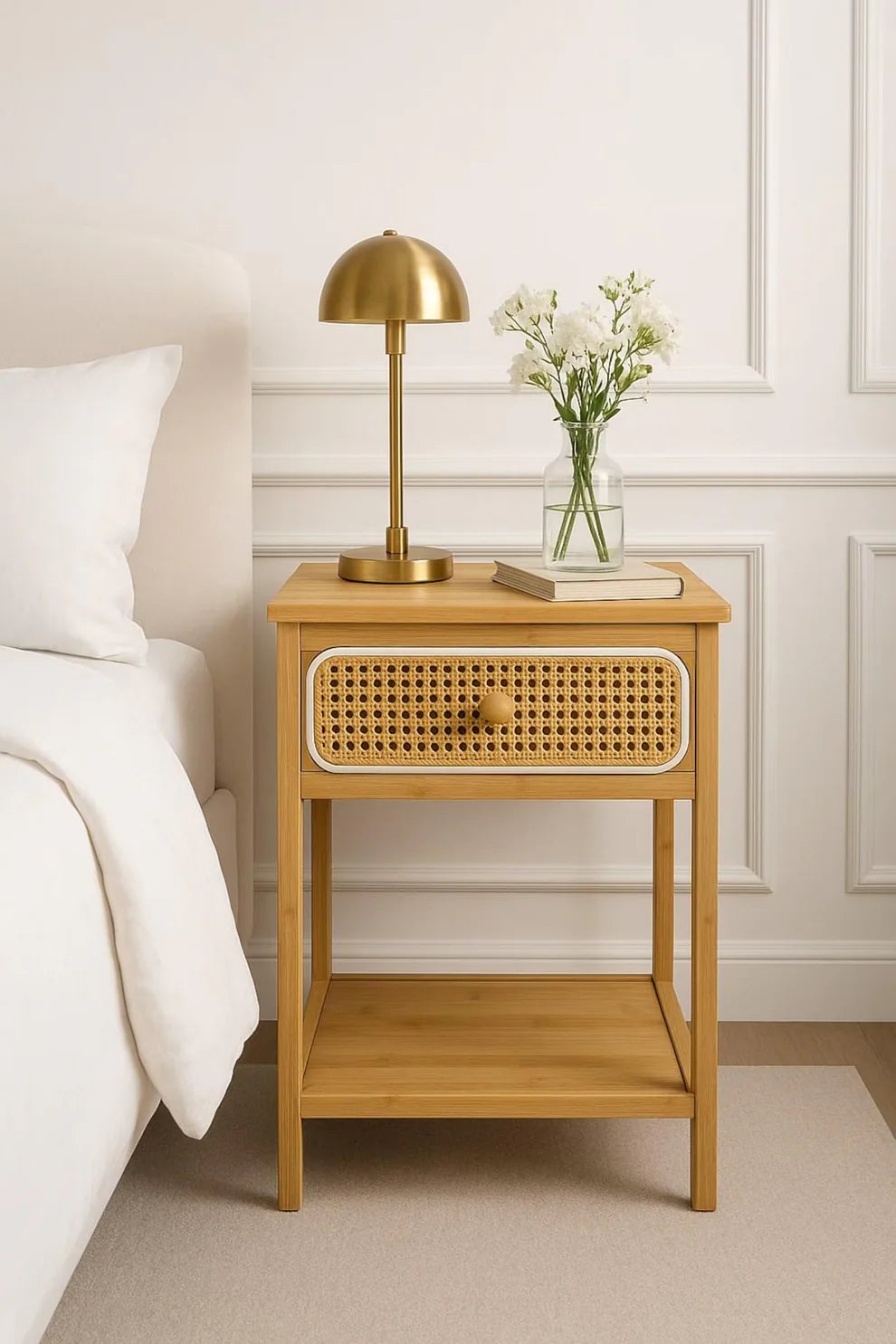 Rattan Bamboo Nightstand with Drawer