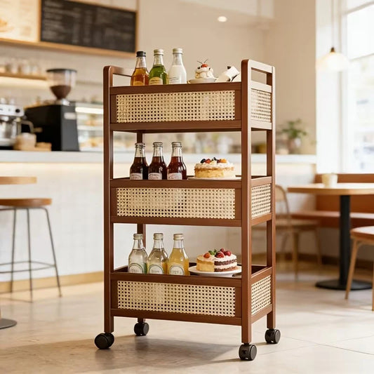 3-Tier Rolling Storage Cart with Wheels, Wooden Rattan Organizer with Double Handles