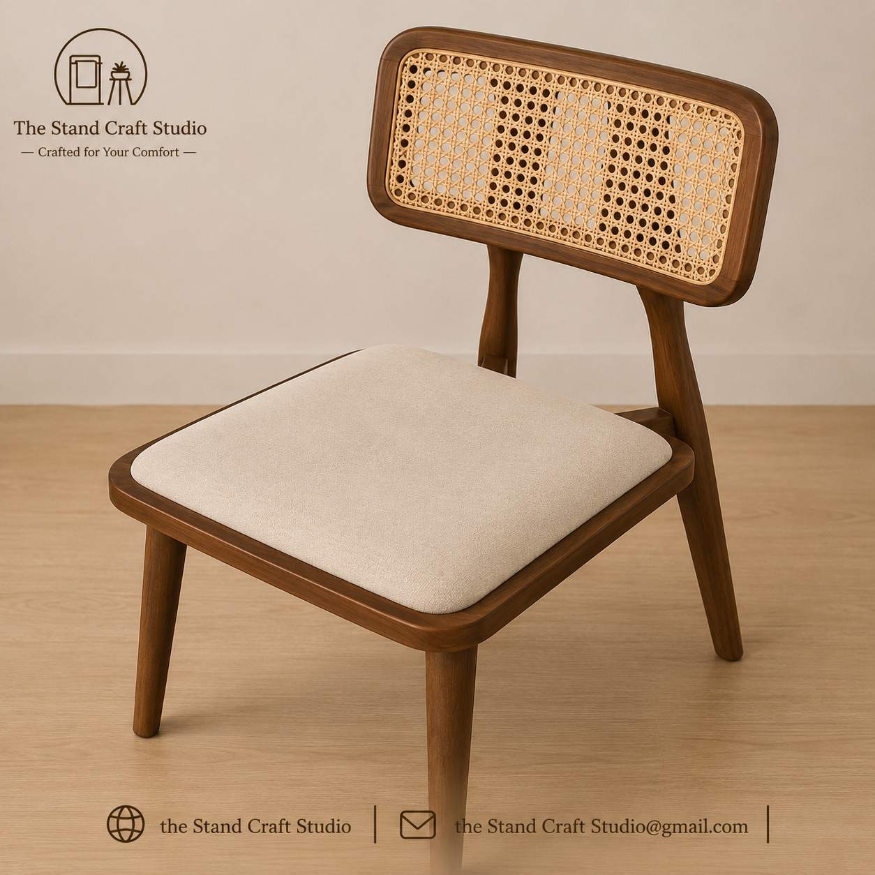 Handcrafted Rattan Solid Wood Chair – Modern Cane Accent Chair – Minimalist Dining & Living Room Seating