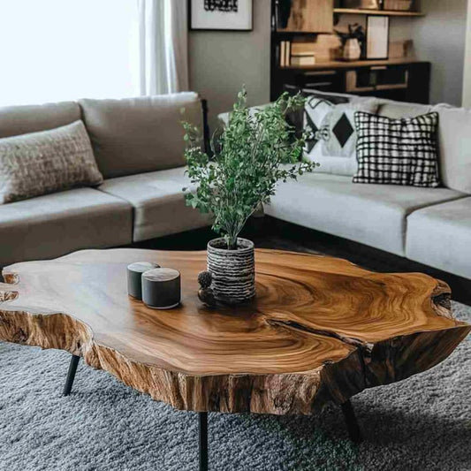 Rustic Live Edge Wooden Coffee Table in Modern Cozy Living Room