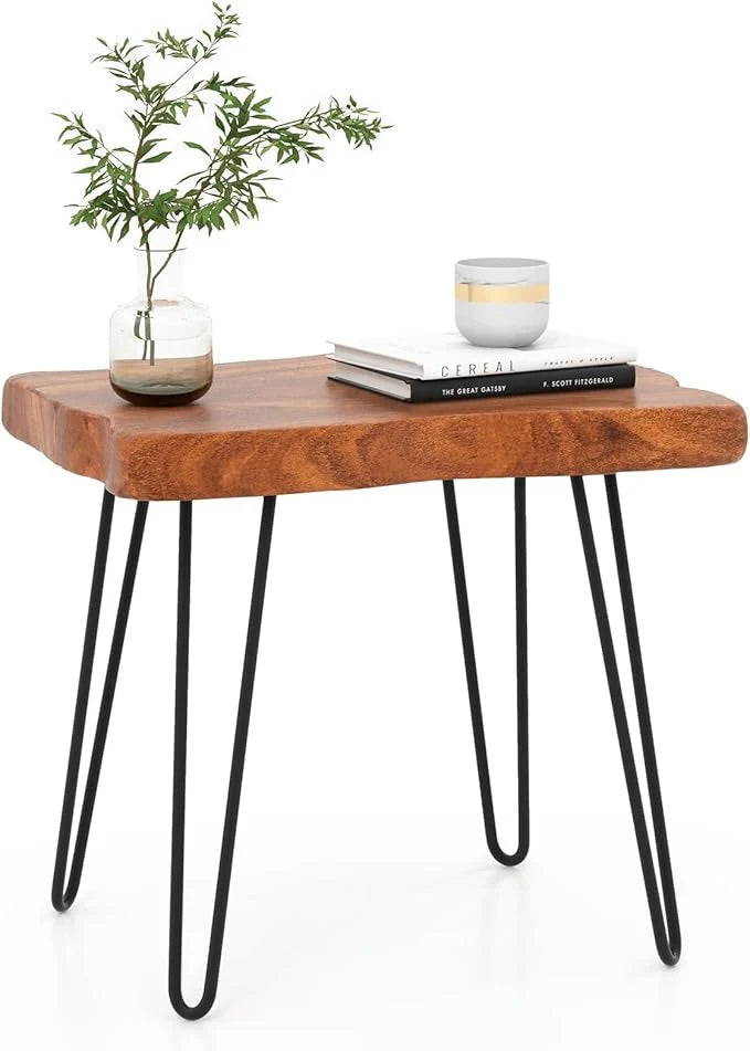 Sheesham Wood End Table, Solid Live Edge Outdoor Side Table w/Natural Grain &amp; Heavy-Duty Metal Legs, Rustic Plant Stand for Living Room Patio Balcony