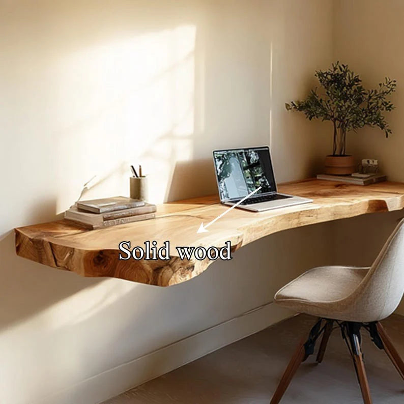 Floating Live Edge Desk – Handmade Natural Wood Table – Minimalist Home Office Furniture for Small Spaces