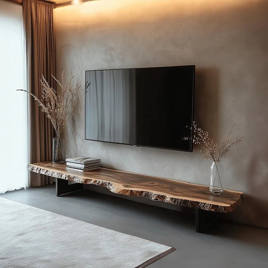 Rustic Live Edge TV Stand – Solid Sheesham Wood Floating Console Shelf – Handmade Natural Media Cabinet & Wooden TV Bench