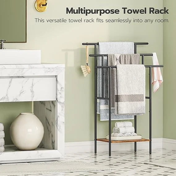 Tall Freestanding Towel Rack for Bathroom, 3 Tier Stepped Blanket Rack with Shelf, Oversized Bath Towels Drying and Display Rack