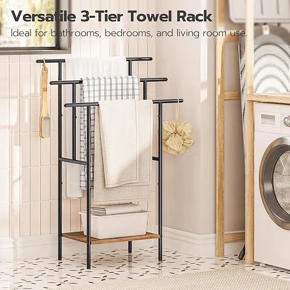 Tall Freestanding Towel Rack for Bathroom, 3 Tier Stepped Blanket Rack with Shelf, Oversized Bath Towels Drying and Display Rack