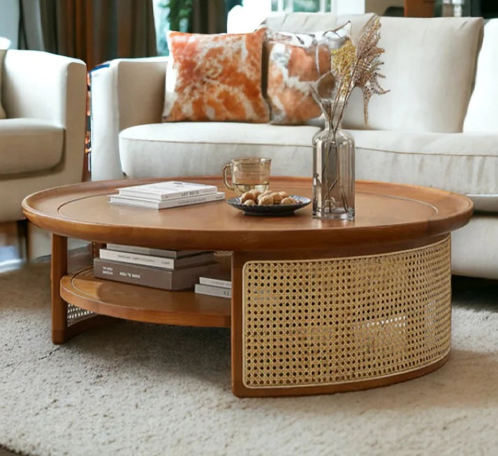 Rattan Coffee Table – Solid Wood Cane Center Table with Shelf – Modern Living Room Storage Table