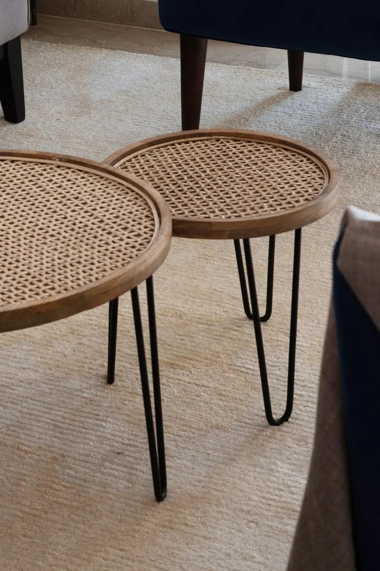 Handmade Rattan Round Side Tables (Pair) – Natural Cane Top with Hairpin Legs