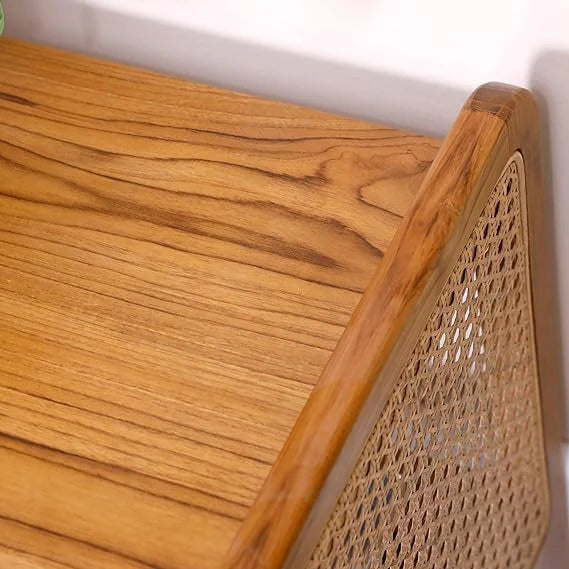 Urban Sheesham Wood & Rattan Side Table – Modern Boho Accent