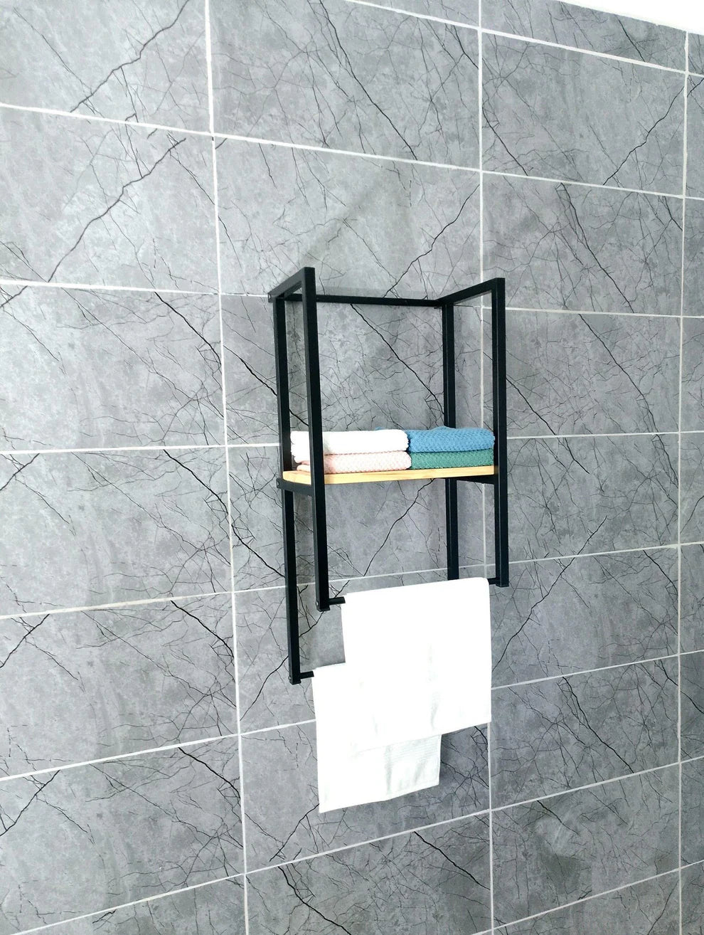 Towel Holder with Wooden Shelf and Drying Bar