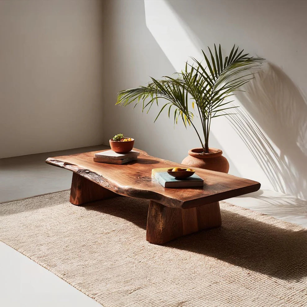 Natural Live Edge Wood Coffee Table Solid Wood Carving Art Handcrafted Extendable Dining Table Decor For Living Room