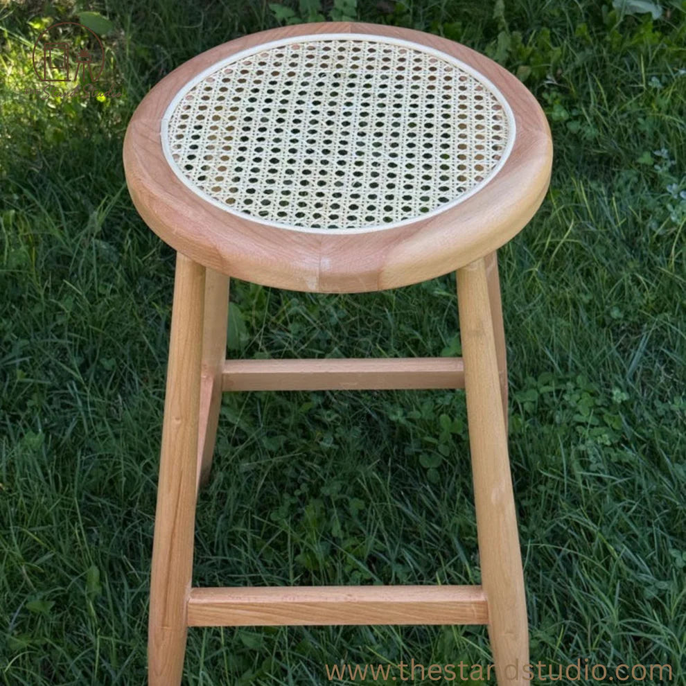 Customizable Handmade Wooden Bar Stool with Rattan Seat – Natural Wood & Black Finish